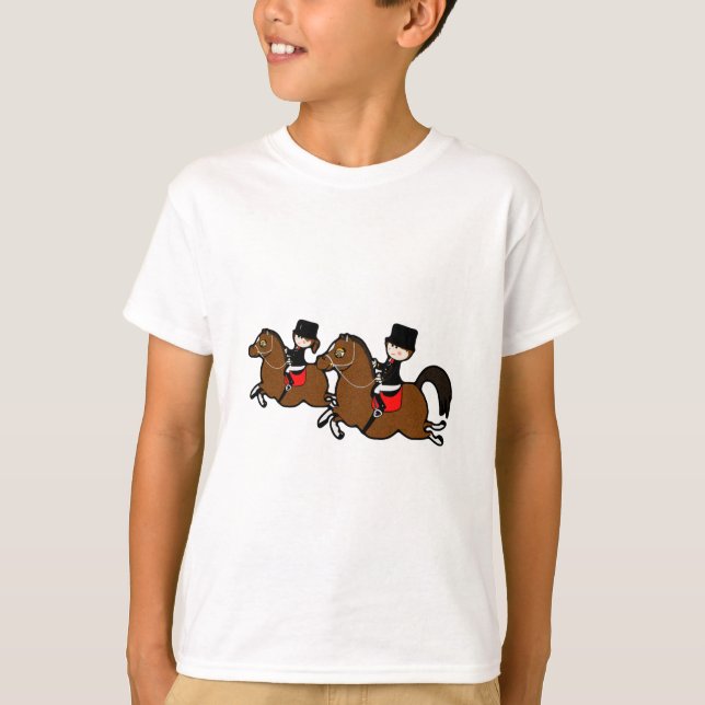 Cute cartoon boy girl riding dressage horses T-Shirt (Front)