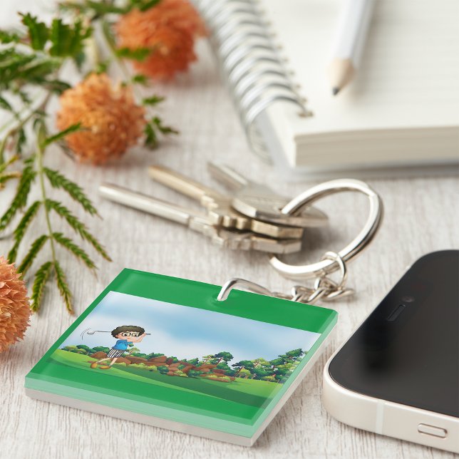Cute Cartoon Boy Golfing Fun Golf Lover Design  Key Ring (Creator Uploaded)