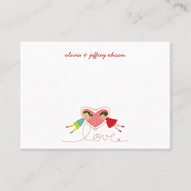 Cute Cartoon Boy Hearts Girl Love Valentine Party Place Card (Front)