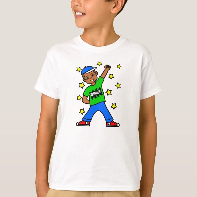 Cute Cartoon Boy Winner Image T-Shirt (Front)