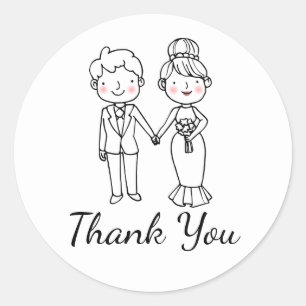 Cute Cartoon Bride Black White Thank You Wedding Classic Round Sticker