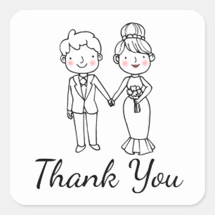 Cute Cartoon Bride Black White Thank You Wedding Square Sticker