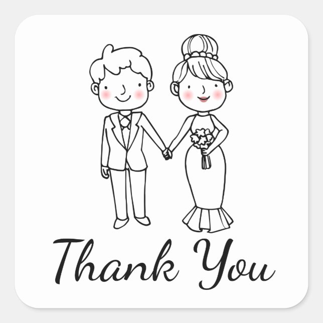 Cute Cartoon Bride Black White Thank You Wedding Square Sticker (Front)