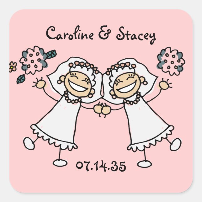 Cute Cartoon Bride Bride Lesbian Wedding Square Sticker (Front)
