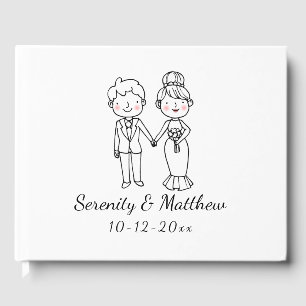 Cute Cartoon Bride Groom Black White Wedding Guest Book