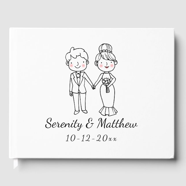 Cute Cartoon Bride Groom Black White Wedding  Guest Book (Front)