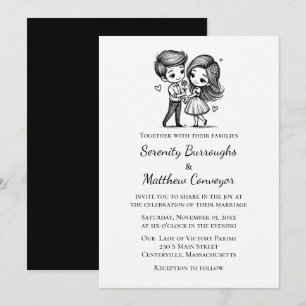 Cute Cartoon Bride Groom Black White Wedding Invitation
