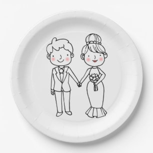 Cute Cartoon Bride Groom Black White Wedding Paper Plate