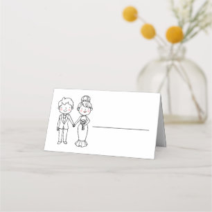 Cute Cartoon Bride Groom Black White Wedding Party Place Card