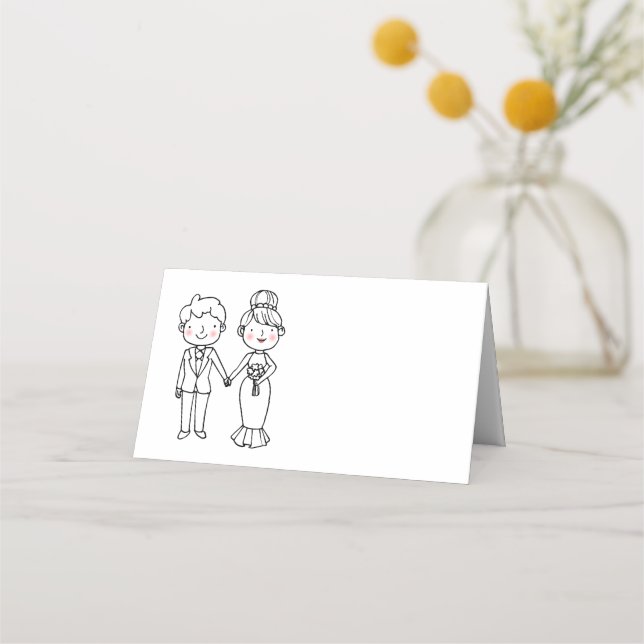 Cute Cartoon Bride Groom Black White Wedding Party Place Card (Front)