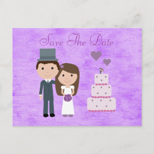 Cute Cartoon Bride, Groom & Cake Save The Date Announcement Postcard