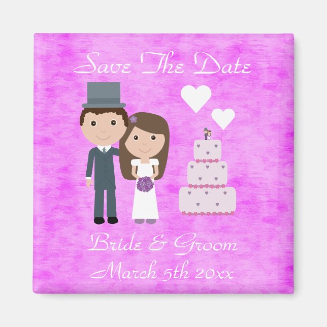 Cute Cartoon Bride, Groom & Cake Save The Date Magnet (Front)