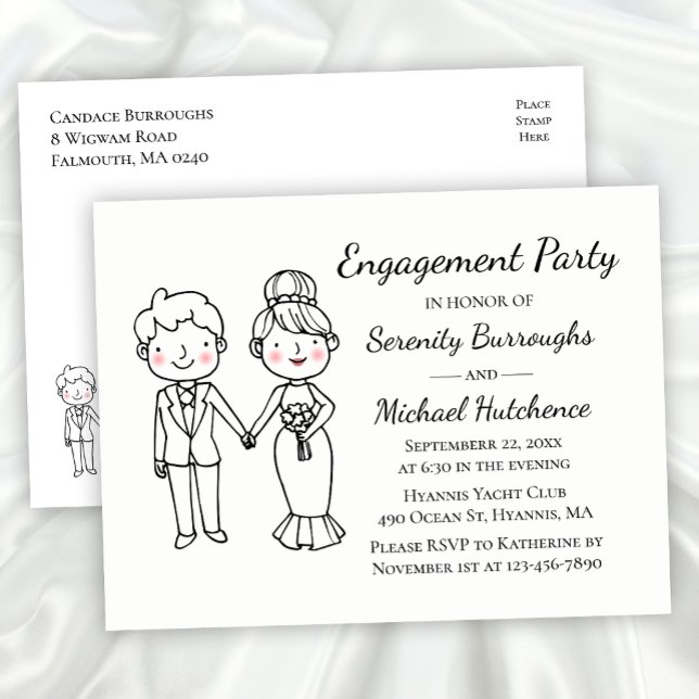 Cute Cartoon Bride Groom Wedding Engagement Party Invitation Postcard (Creator Uploaded)