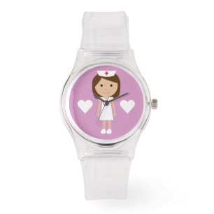 Cute Cartoon Brown Hair Nurse & Hearts Pink Watch