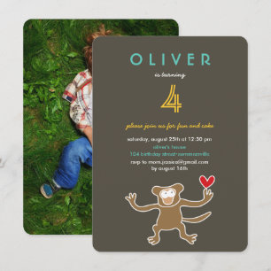 Cute Cartoon Brown Monkey Fun Photo Kid's Birthday Invitation