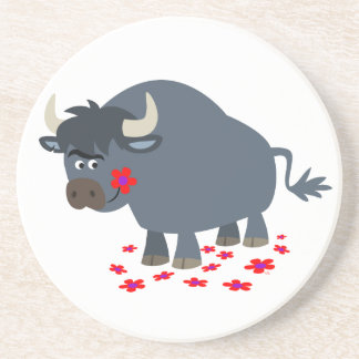 Cute Cartoon Bull and Red Bloom Coaster