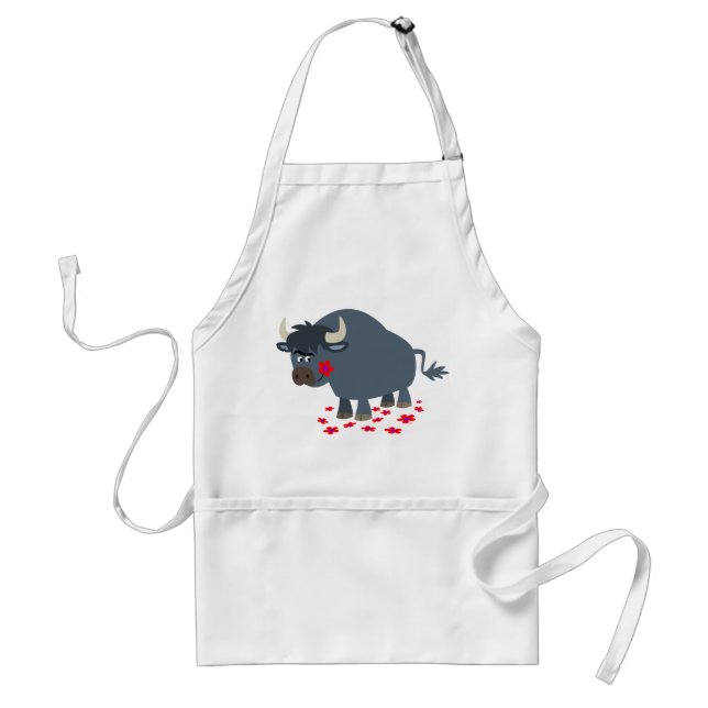 Cute Cartoon Bull and Red Bloom Cooking Apron (Front)