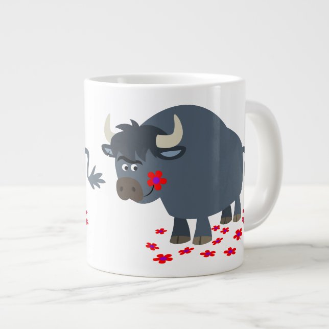 Cute Cartoon Bull and Red Bloom Jumbo Mug (Front Right)