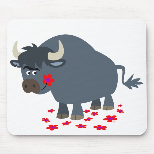 Cute Cartoon Bull and Red Bloom Mousepad (Front)