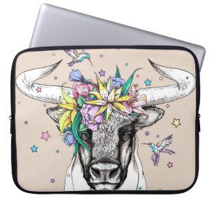 Cute cartoon bull in a floral wreath. Bright portr Laptop Sleeve