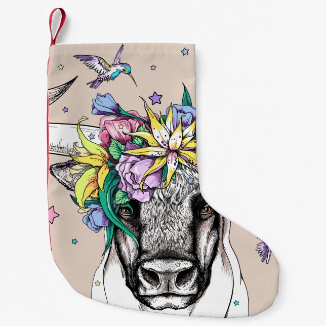 Cute cartoon bull in a floral wreath. Bright portr Small Christmas Stocking (Front)