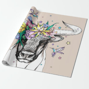 Cute cartoon bull in a floral wreath. Bright portr Wrapping Paper