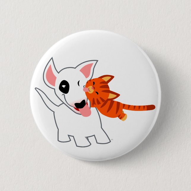 Cute Cartoon Bull Terrier and Kitten Button Badge (Front)