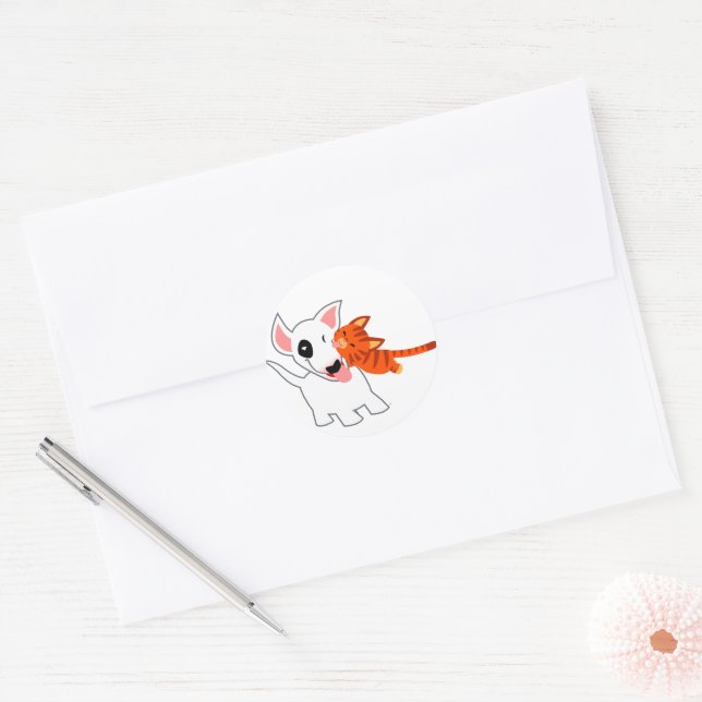 Cute Cartoon Bull Terrier and Kitten Sticker (Envelope)
