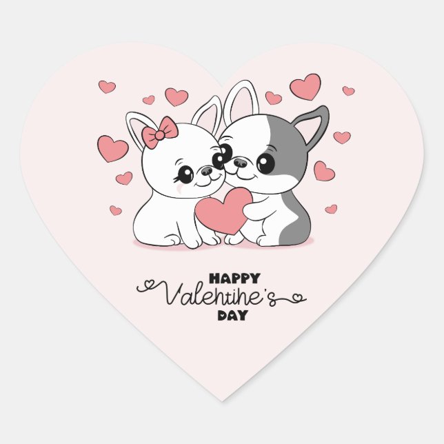 Cute Cartoon Bulldogs Lovers Heart Valentine’s Day Heart Sticker (Front)