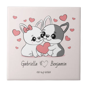 Cute Cartoon Bulldogs Lovers Heart Valentine’s Day Tile