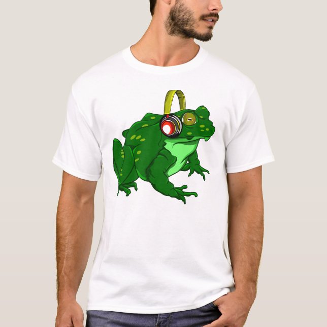 Cute Cartoon Bullfrog Wearing Headphones T-Shirt (Front)