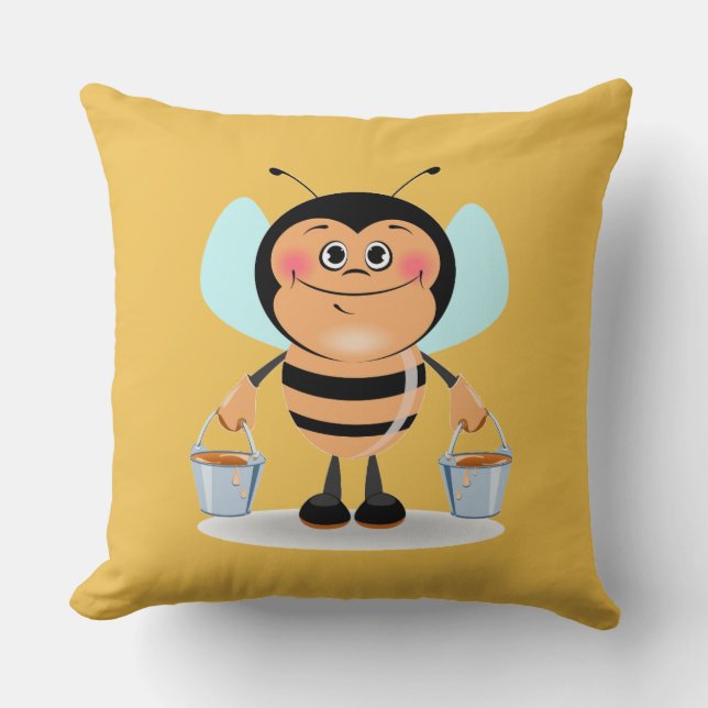 Cute Cartoon Bumble Bee Carrying Buckets of Honey Cushion (Front)