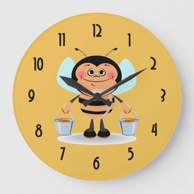 Cute Cartoon Bumble Bee Carrying Buckets of Honey Large Clock (Front)