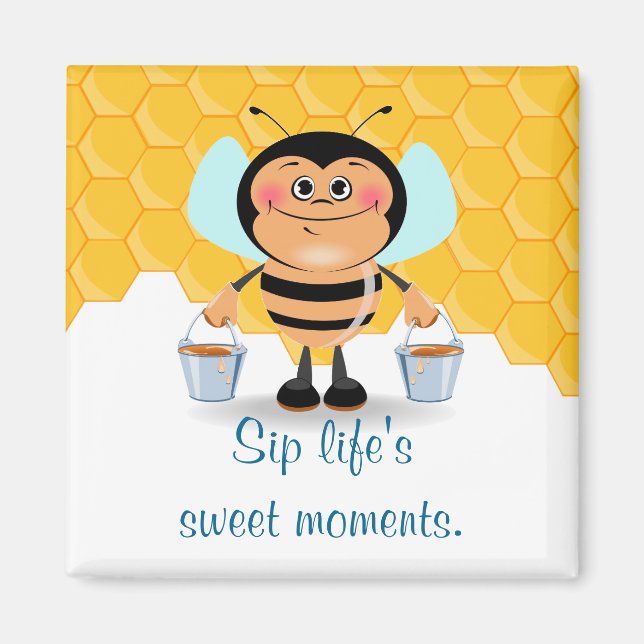 Cute Cartoon Bumble Bee Carrying Buckets of Honey Magnet (Front)