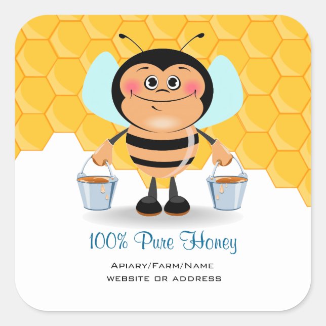 Cute Cartoon Bumble Bee Carrying Buckets of Honey Square Sticker (Front)