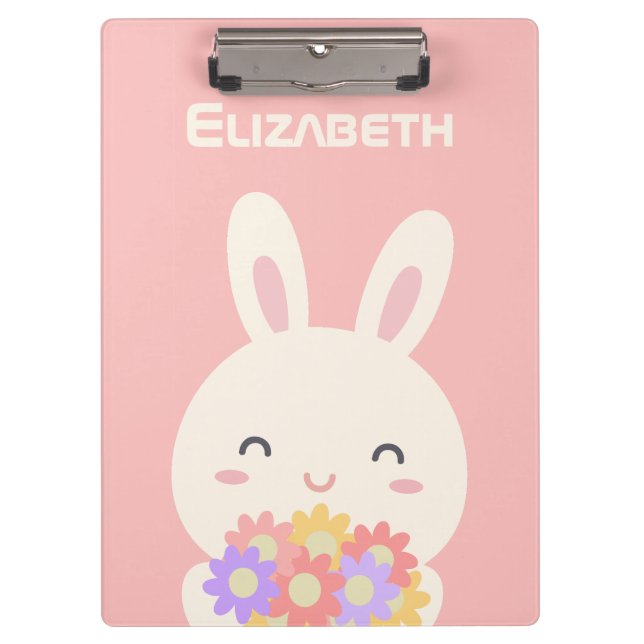 Cute Cartoon Bunny Flowers Custom Name Pastel Pink Clipboard (Front)
