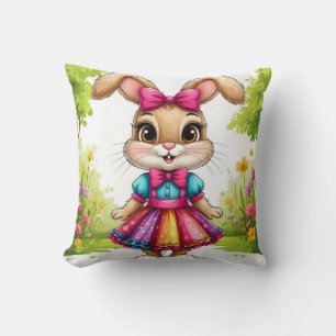 Cute Cartoon Bunny in Colourful Dress Cushion