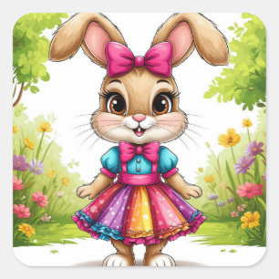 Cute Cartoon Bunny in Colourful Dress Square Sticker
