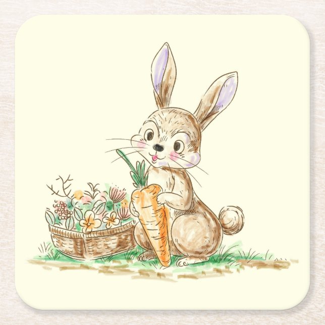 Cute Cartoon Bunny Rabbit Sketch Square Paper Coaster (Front)
