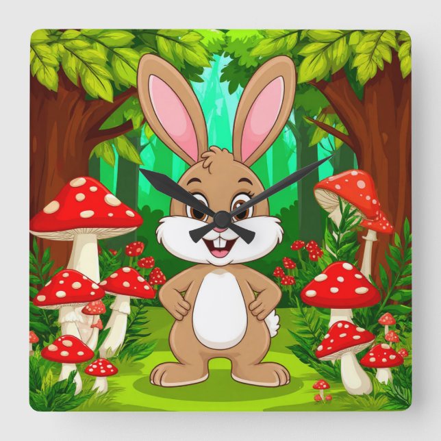 Cute Cartoon Bunny Stands In A Lush Forest Square Wall Clock (Front)