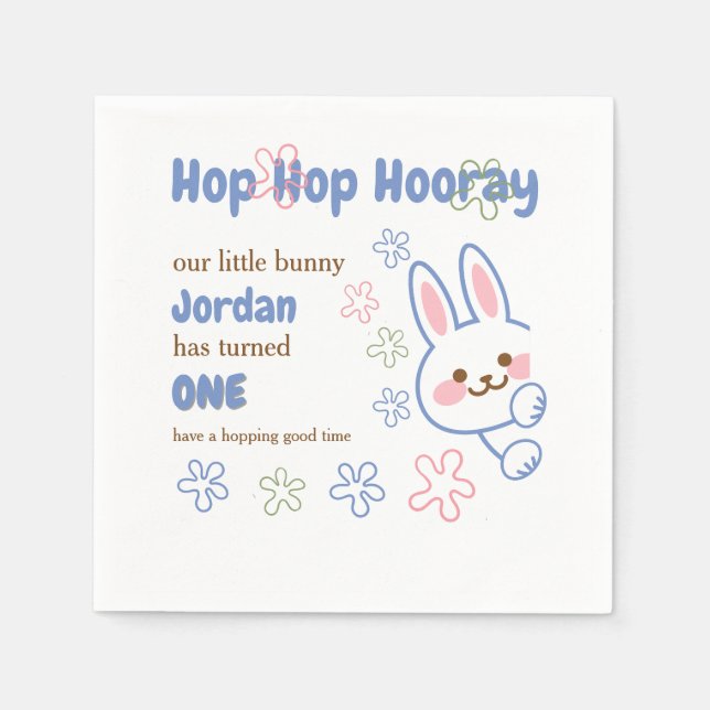 Cute Cartoon Bunny Turning One Boys 1st Birthday  Napkin (Front)