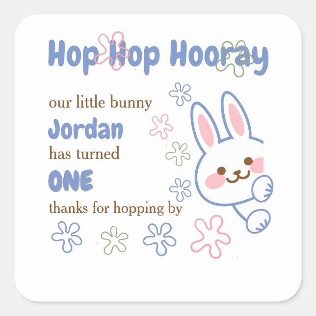 Cute Cartoon Bunny Turning One Boys 1st Birthday  Square Sticker (Front)