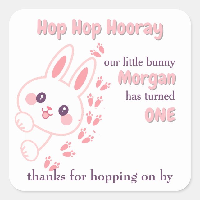 Cute Cartoon Bunny Turning One Girls 1st Birthday  Square Sticker (Front)