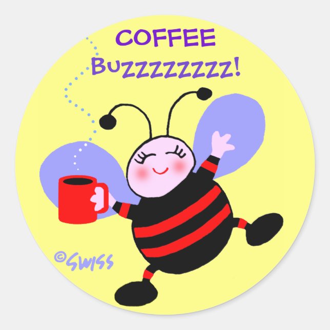 Cute Cartoon Busy Bee w Red Stripes Coffee Buzz Classic Round Sticker (Front)
