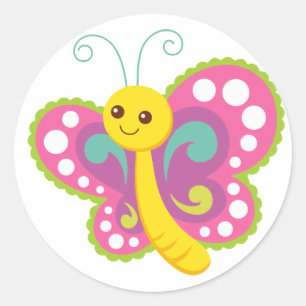 Cute Cartoon Butterfly, pink, yellow, green Classic Round Sticker