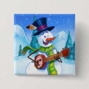 cute cartoon button with guitar playing snowman