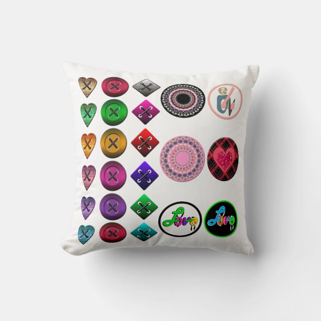 Cute cartoon buttons bright colourful white backgr cushion (Front)