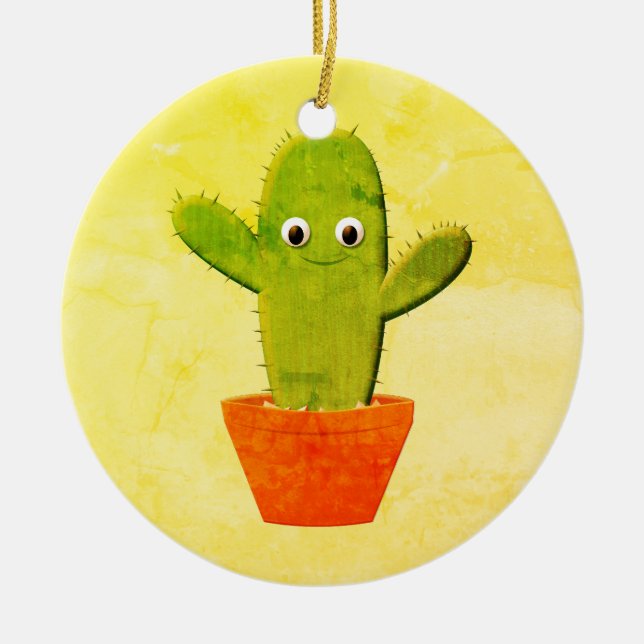 Cute Cartoon Cactus Painting Christmas Ceramic Tree Decoration (Front)