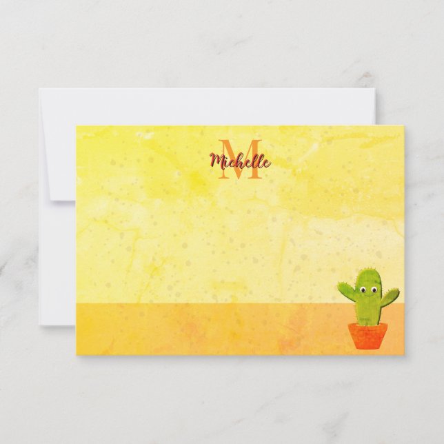 Cute Cartoon Cactus Painting Custom Monogram Card (Front)