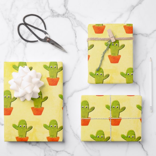 Cute Cartoon Cactus Painting Wrapping Paper Sheet (Front)